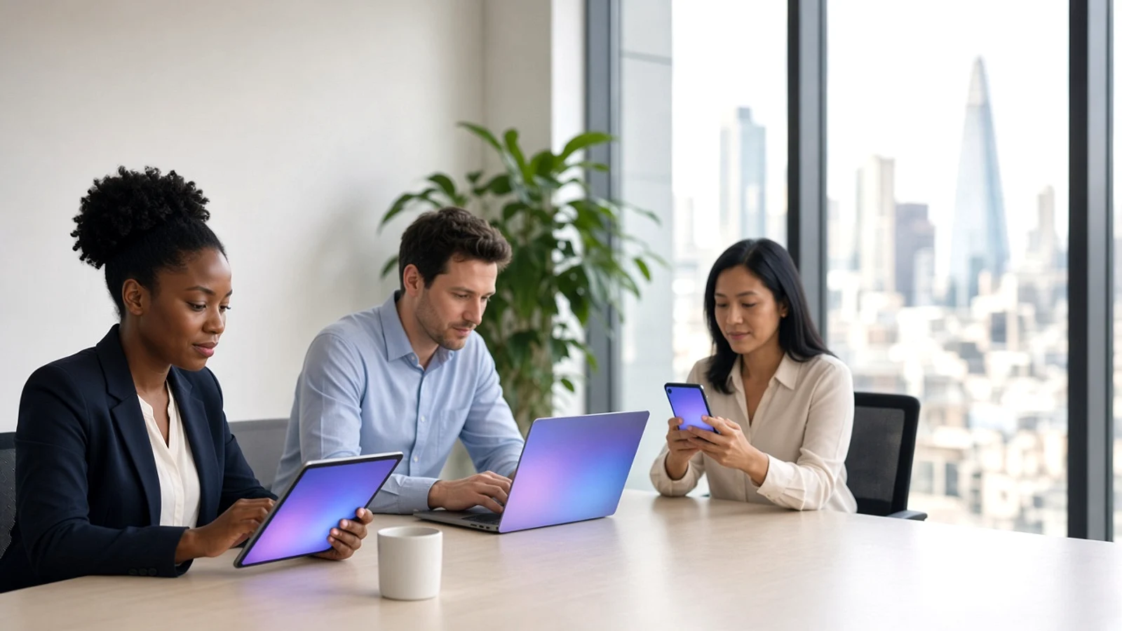 UK business team using an AI powered application in a modern London office