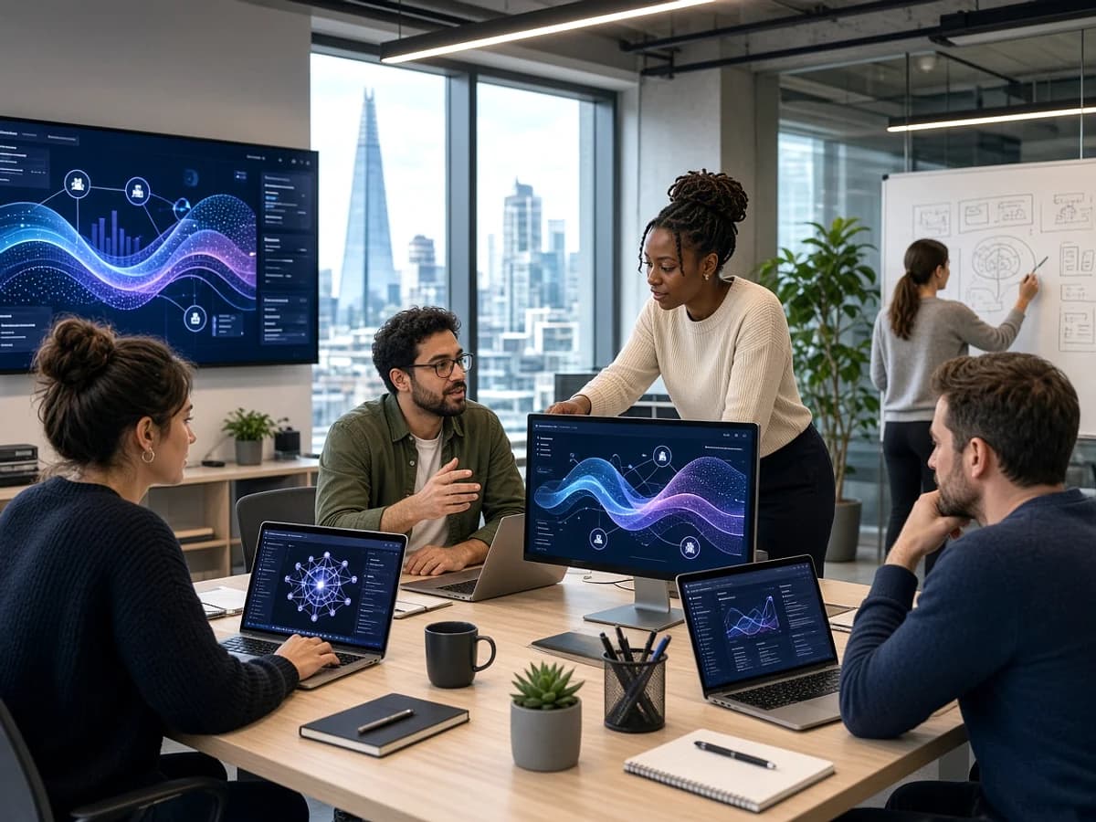 Digital product team developing an AI application in a modern London technology office
