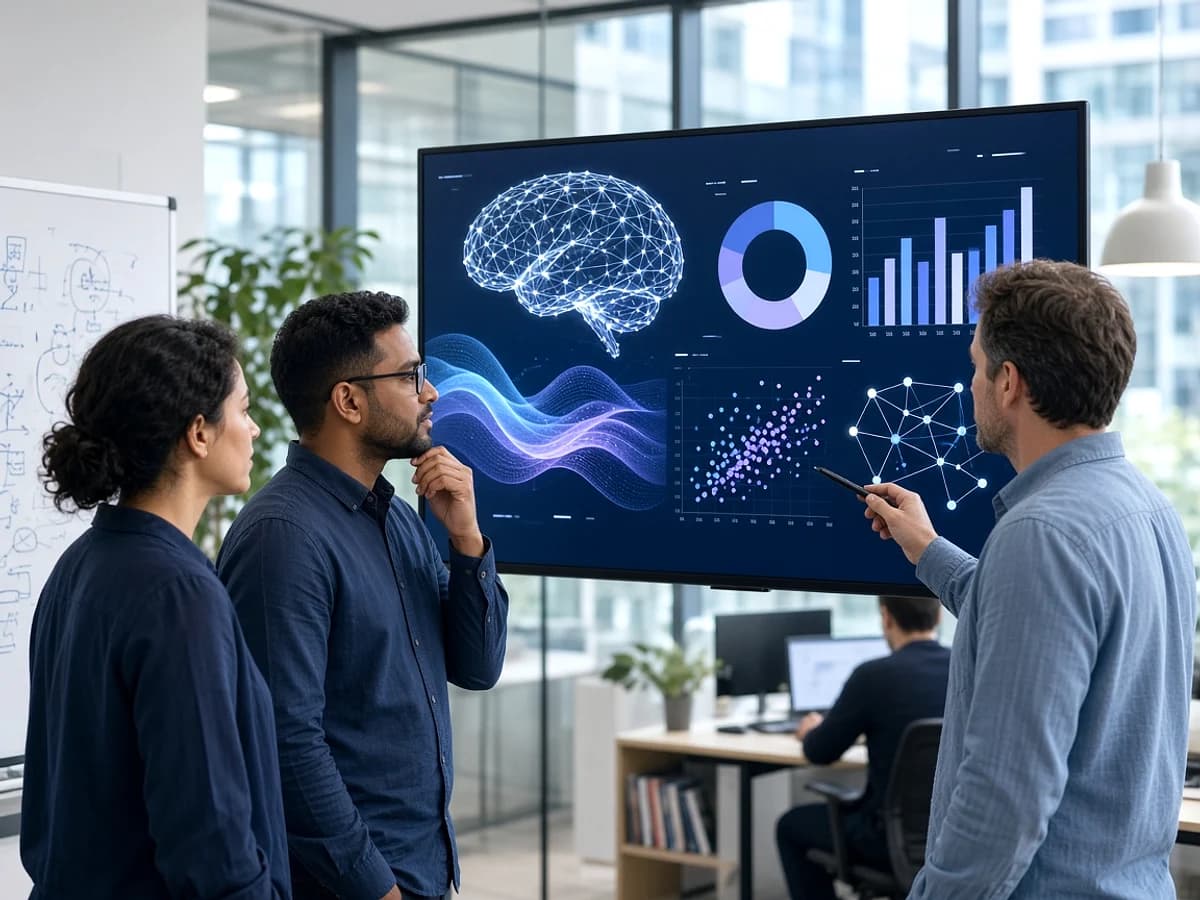 Enterprise technology team reviewing an AI application in a UK office