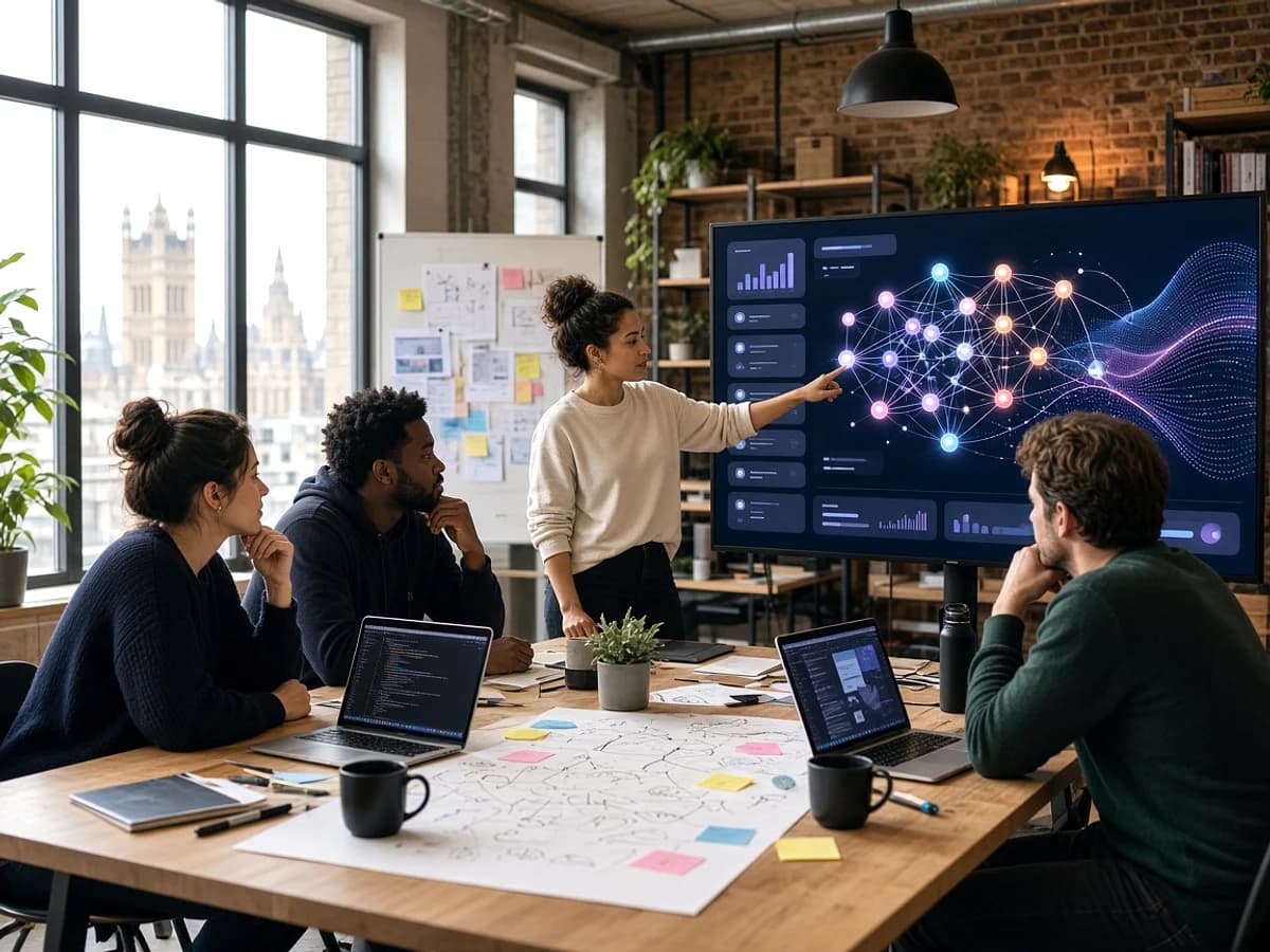 UK startup team developing an AI application in a London technology workspace
