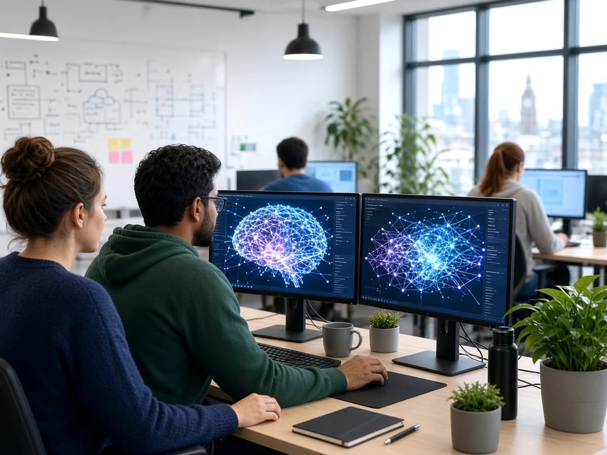 AI developers building an intelligent application in a UK technology workspace