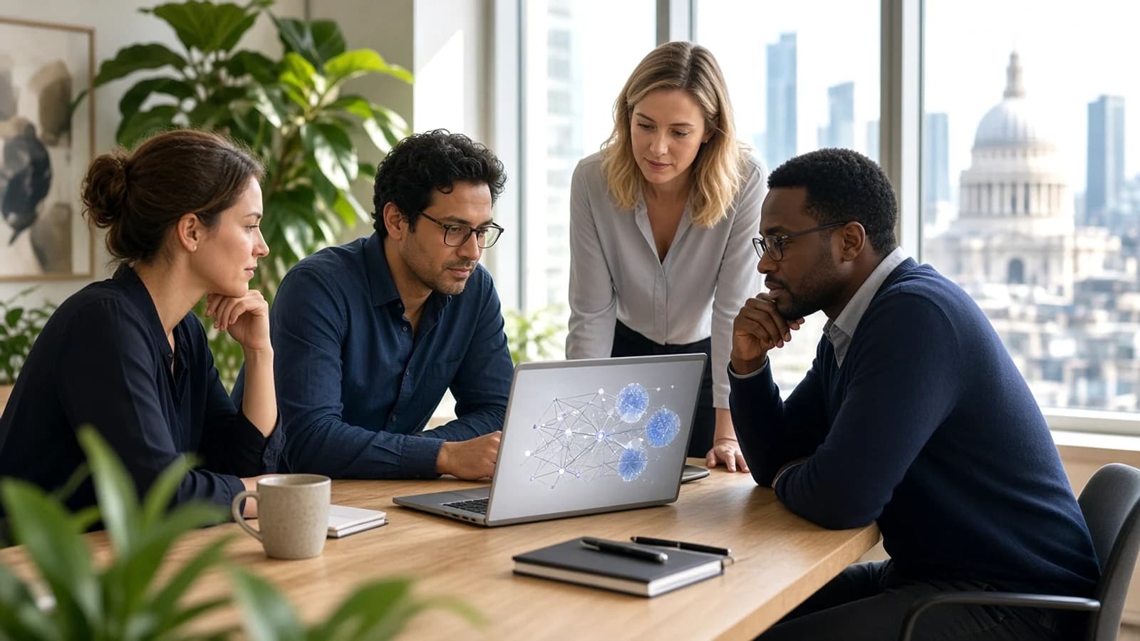 UK business and AI development team planning an intelligent application in a modern London office