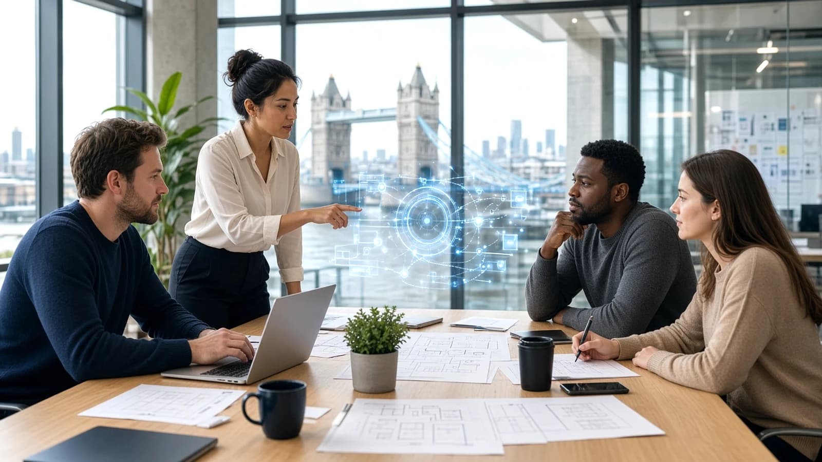 UK business and AI development team discussing an intelligent application project in a modern London office