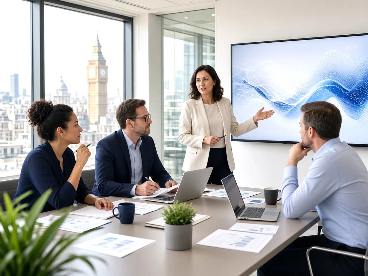 UK business and AI development team discussing an application strategy in London