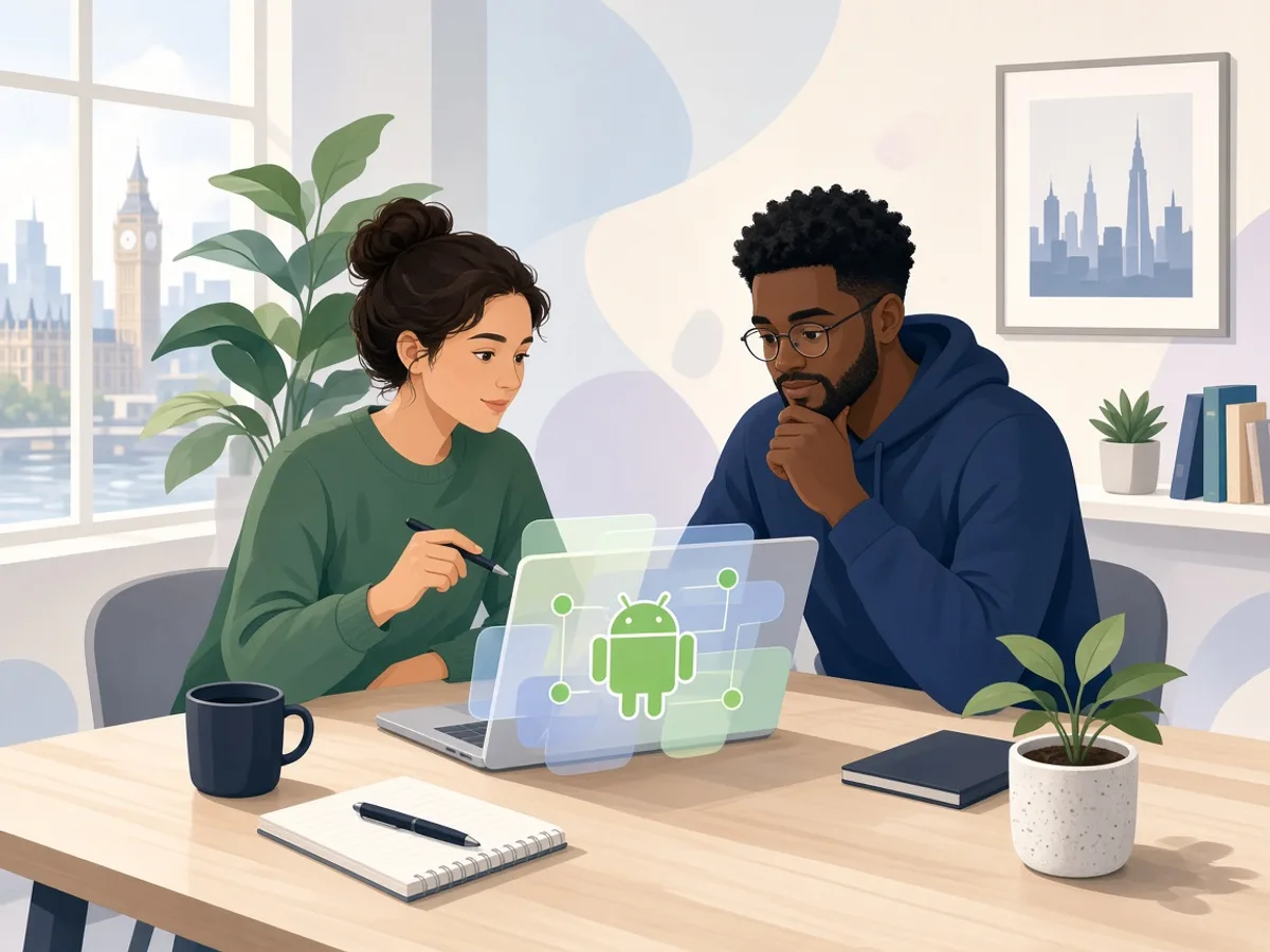 UK startup founders discussing an Android application project in London