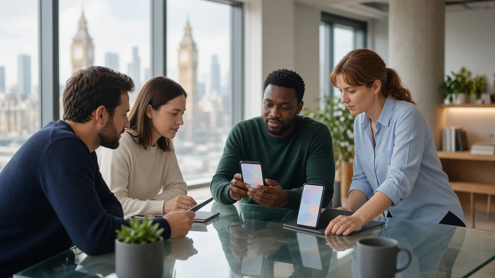 UK Android app development team reviewing a mobile application project in a modern London office