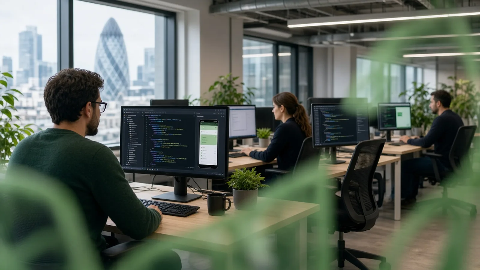 UK Android development team working on a custom mobile application in a modern London technology office