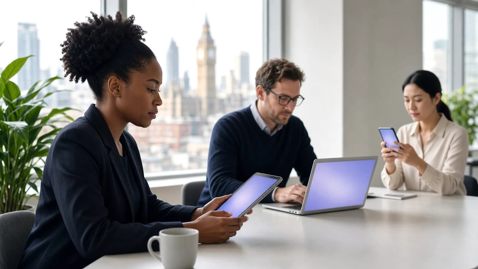 UK business team using a blockchain powered application in a modern London office