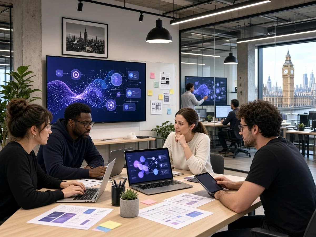 Digital product team developing a Web3 application in a modern London technology office
