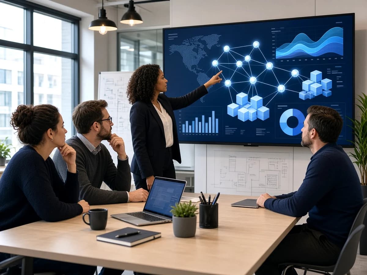 Enterprise technology team reviewing a blockchain platform in a UK office