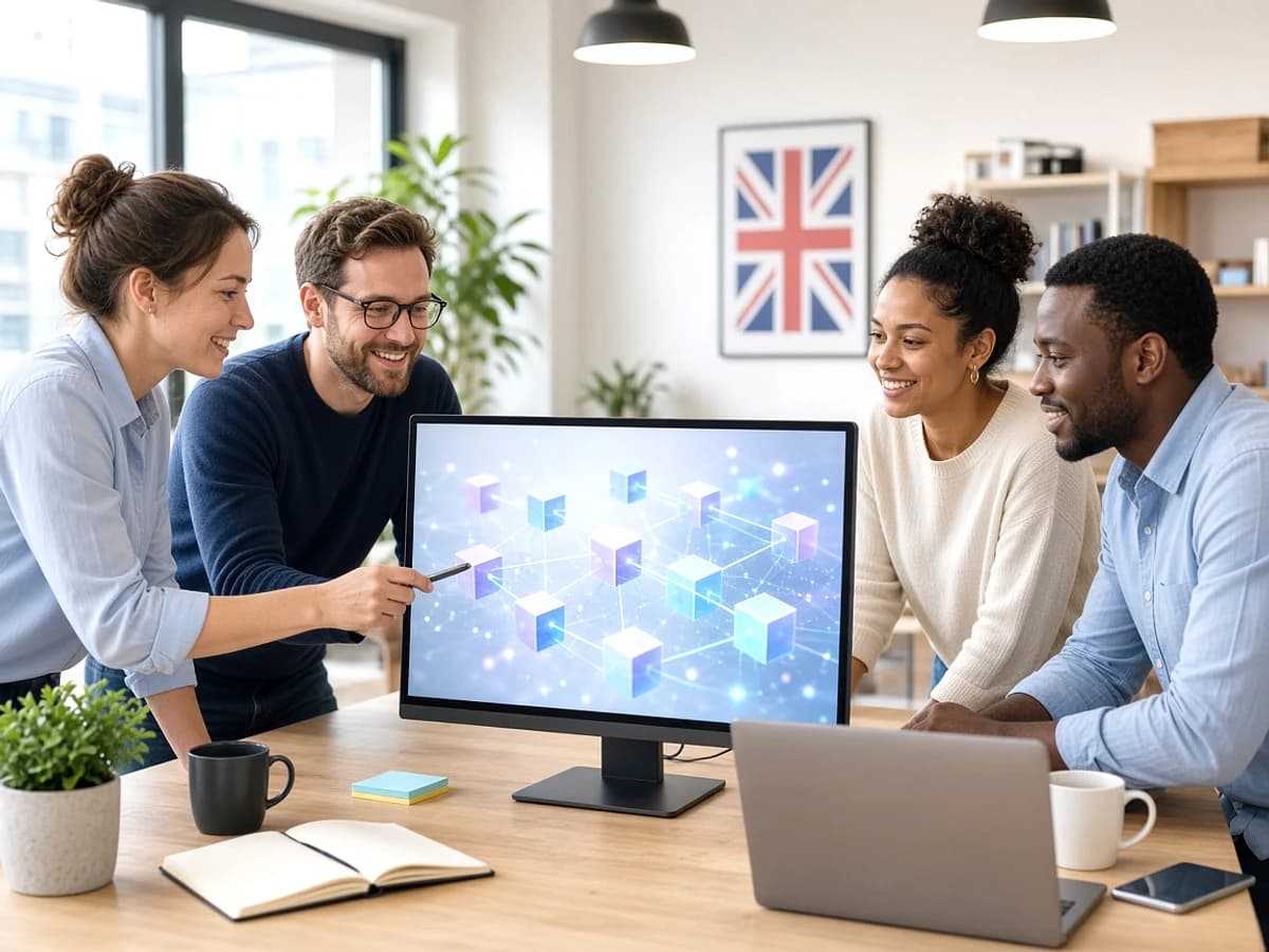 Small UK business team reviewing a blockchain solution
