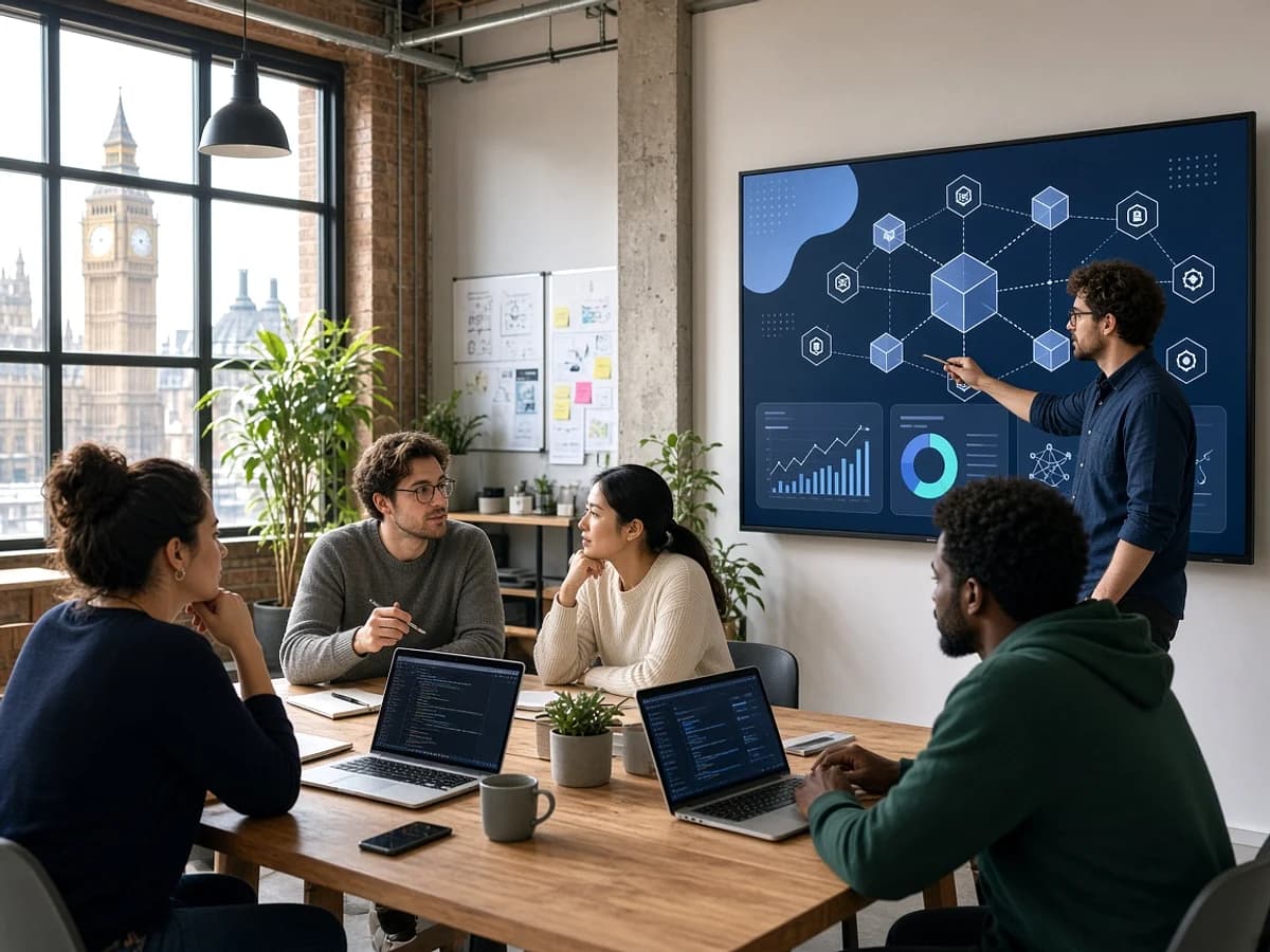 UK startup team developing a blockchain application in a London technology workspace
