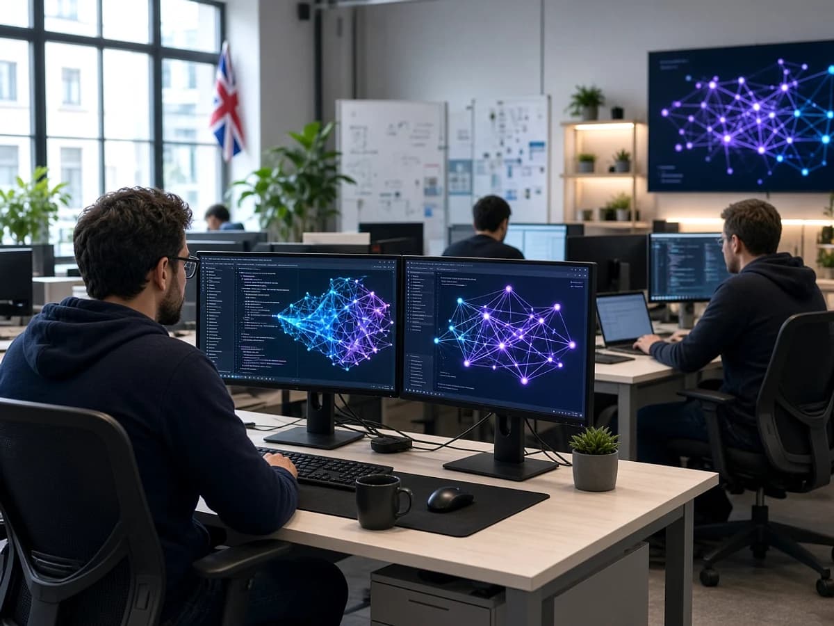 Blockchain developers building a decentralised application in a UK technology workspace