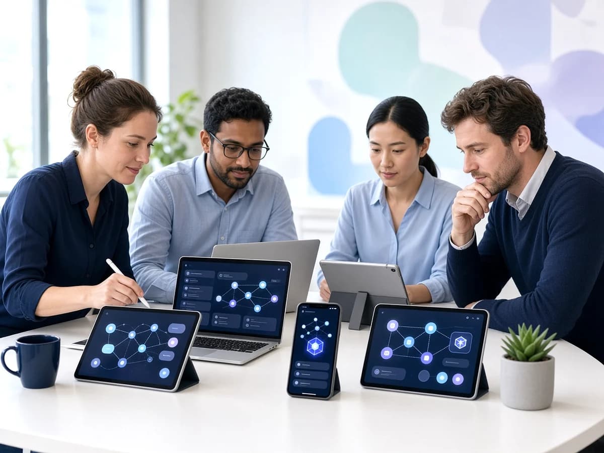 QA team testing a blockchain application across multiple devices