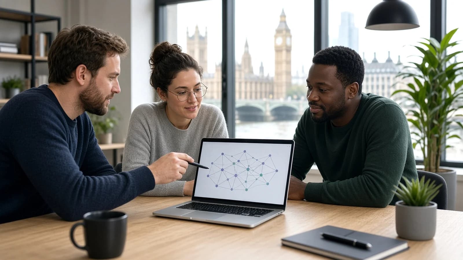 UK blockchain development team planning a decentralised application in a modern London office