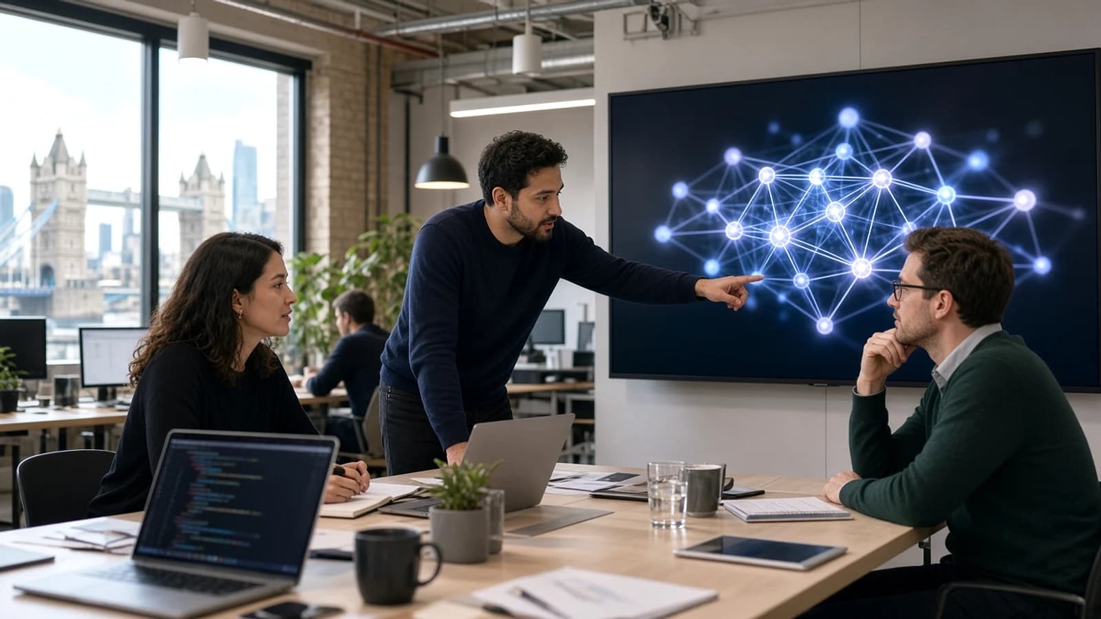 UK blockchain development team discussing a decentralised application project in a modern London office