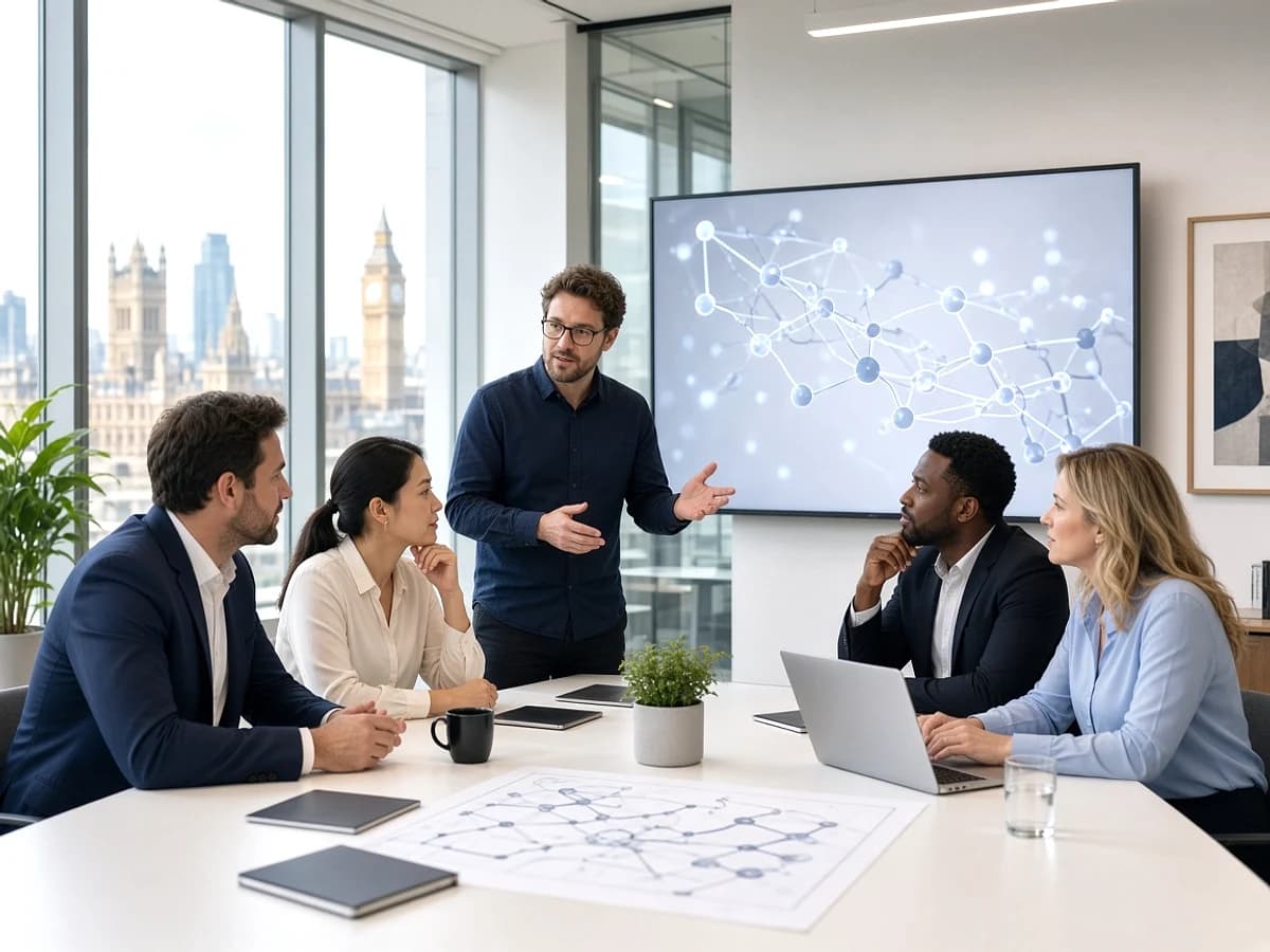 UK business and blockchain development team discussing a decentralised solution in London