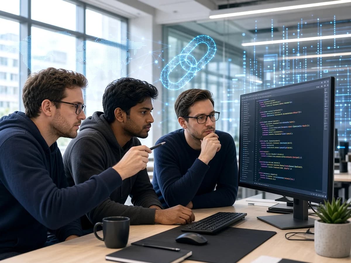 Blockchain developers reviewing smart contract code in a UK technology office