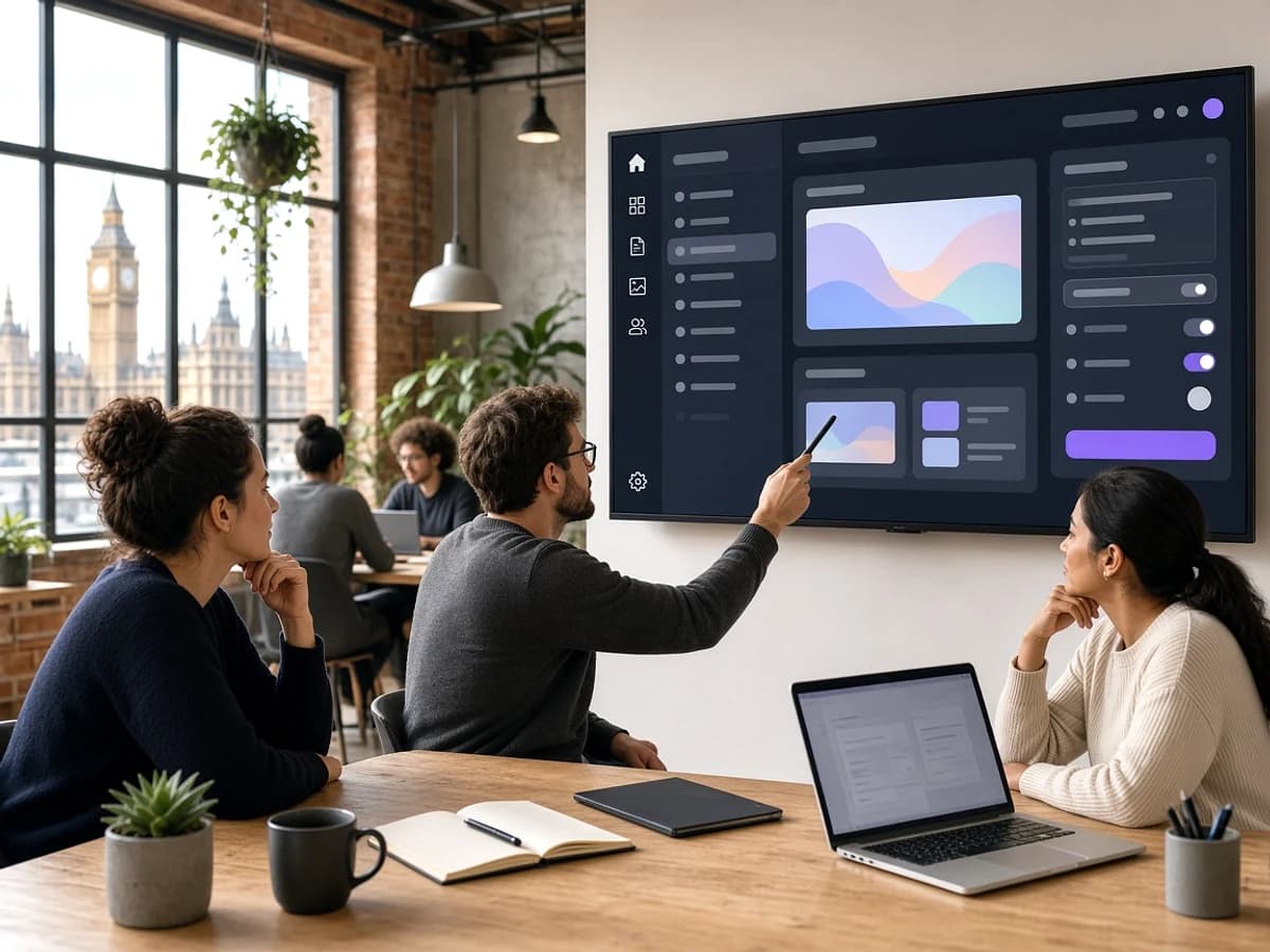 UK startup team managing website content through a CMS in a London workspace
