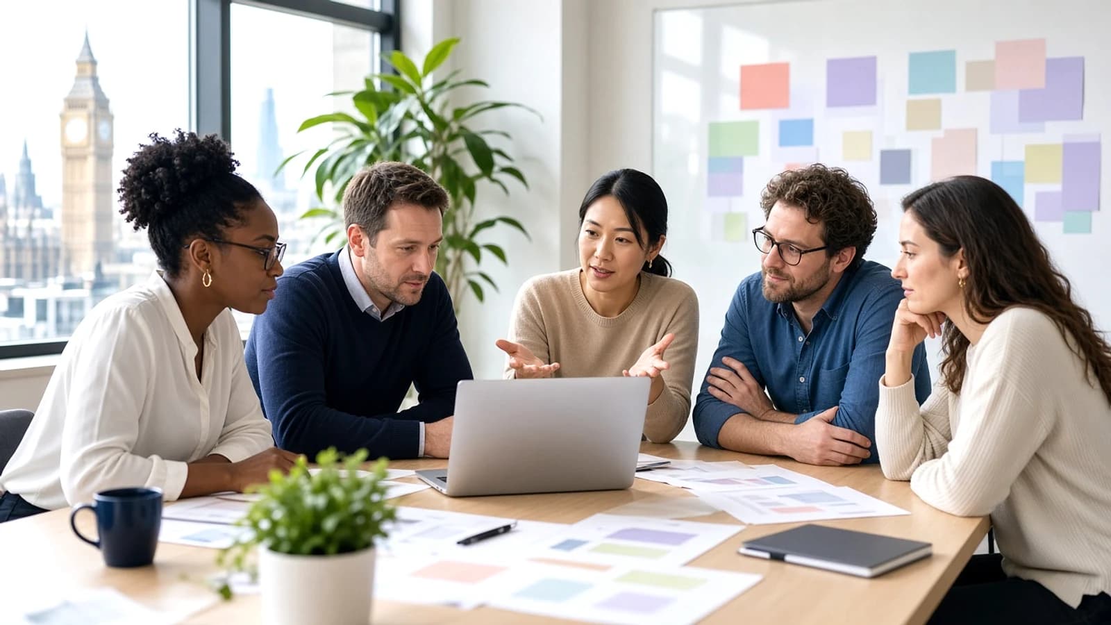 UK business and development team planning a content management system in a modern London office