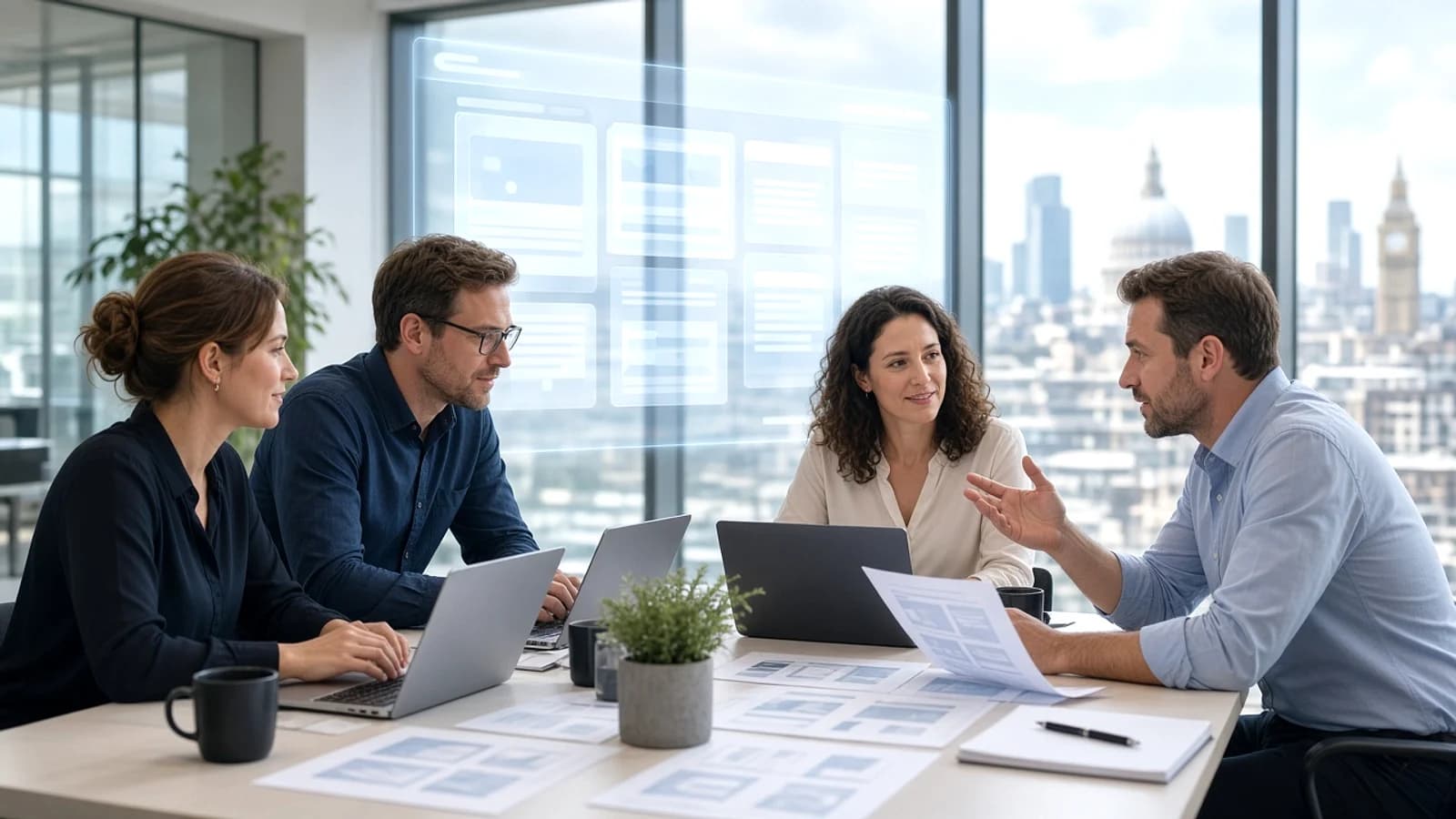 UK business and technology team discussing a CMS development project in a modern London office