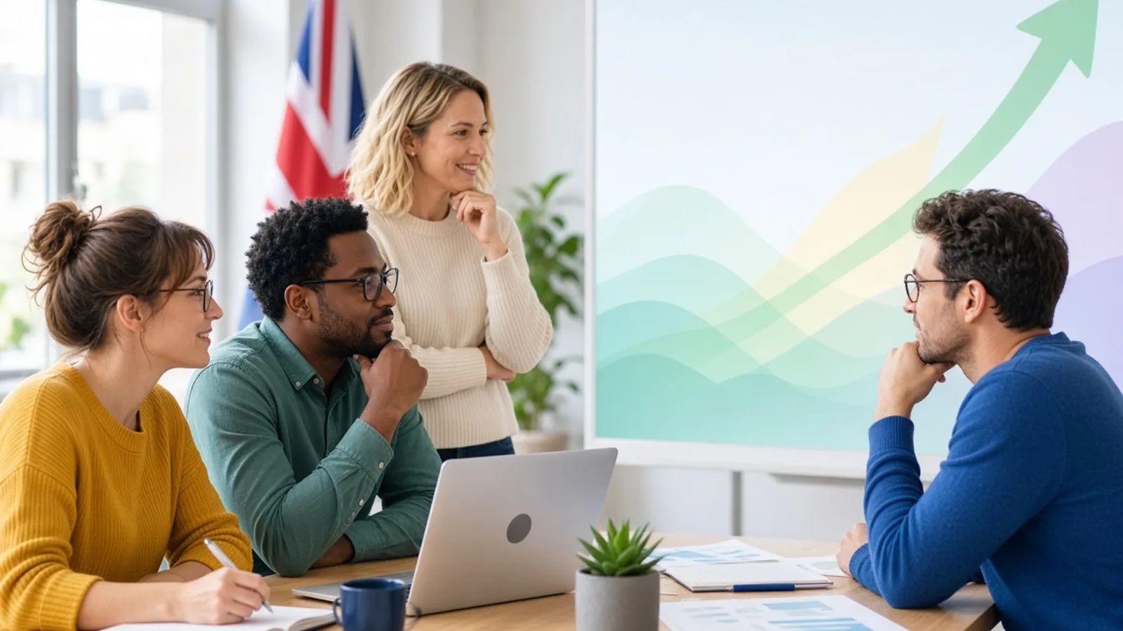 UK digital marketing team reviewing campaign benefits and growth metrics
