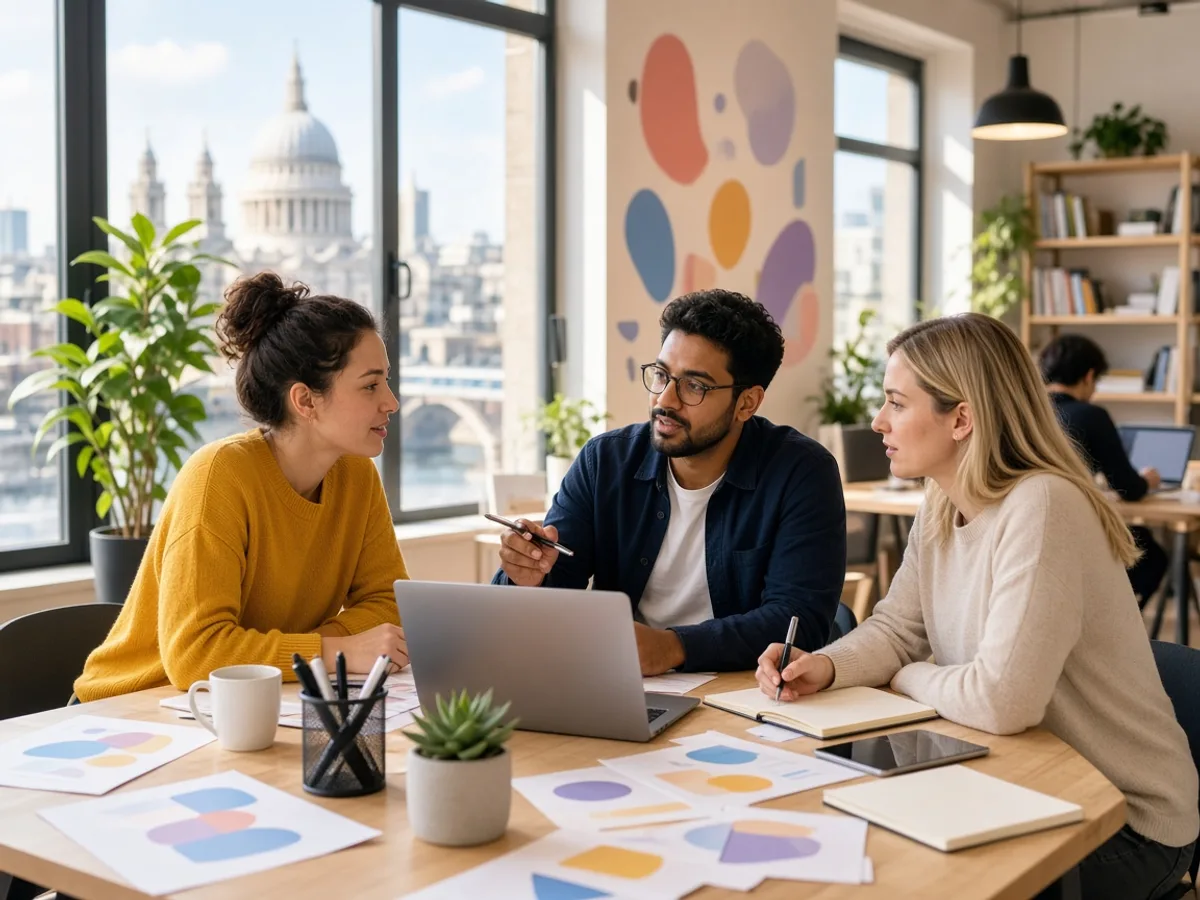 UK startup founders discussing a digital marketing strategy in a modern office