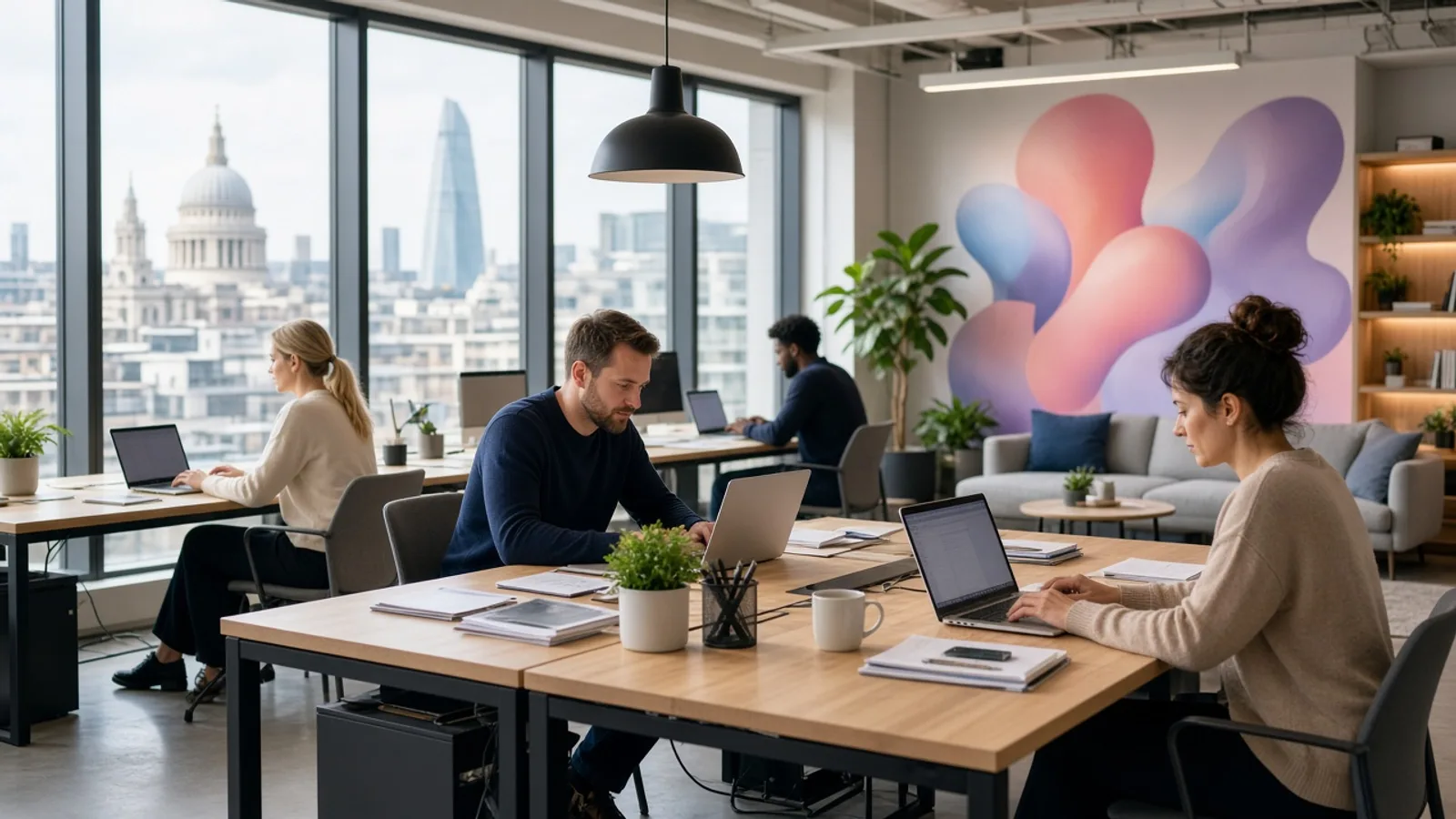 UK digital marketing team working on an integrated online growth campaign in a modern London office
