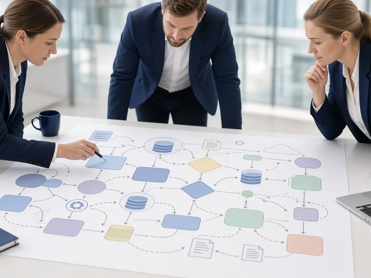ERP development team working on requirements and process mapping for a UK business