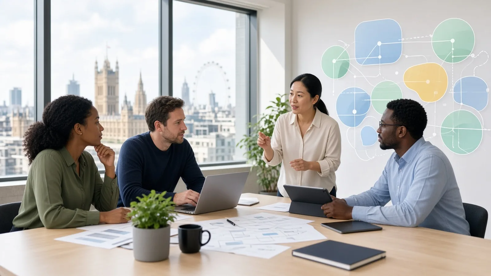 ERP software development team discussing a custom enterprise resource planning solution in a UK office