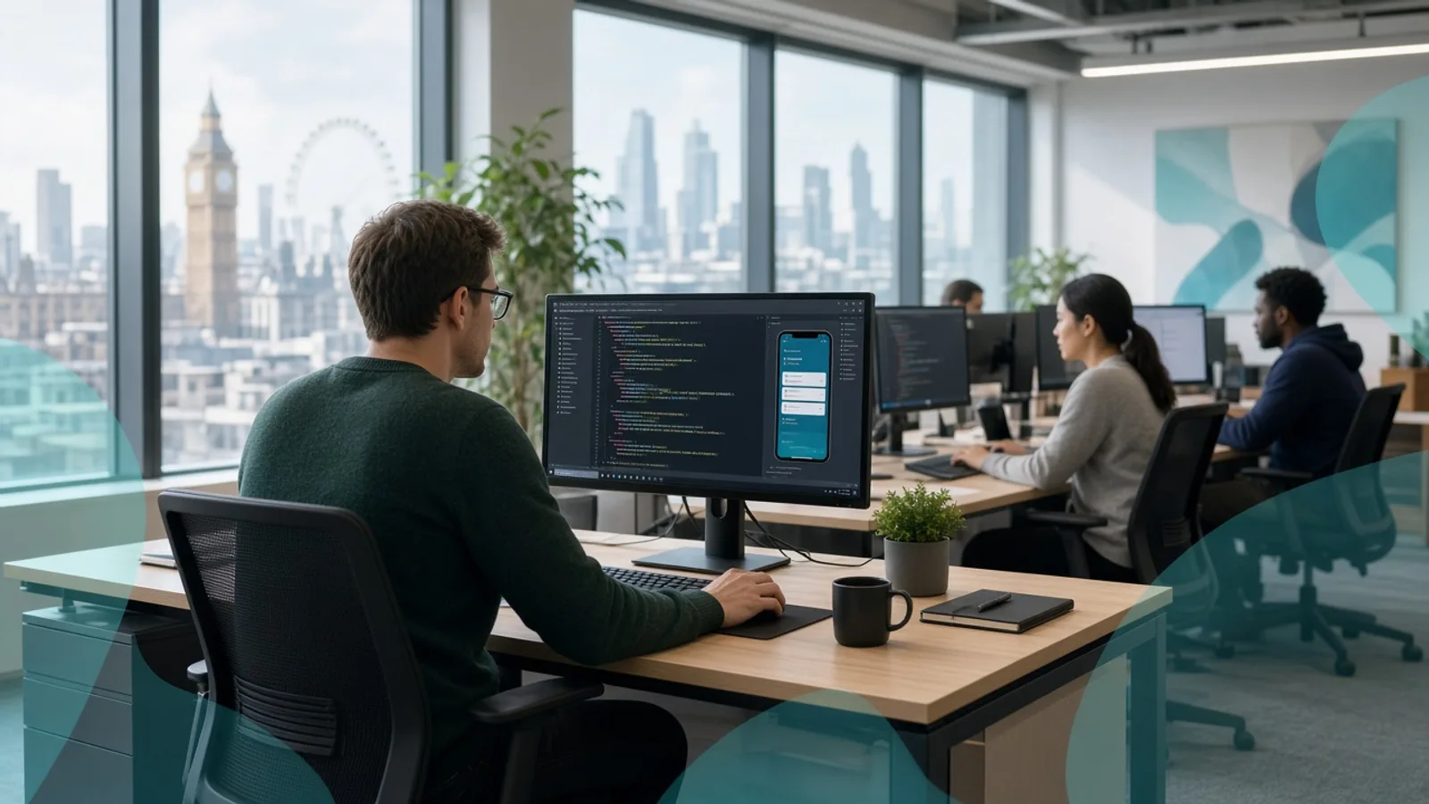 UK hybrid app development team working on a cross-platform mobile application in a modern London technology office