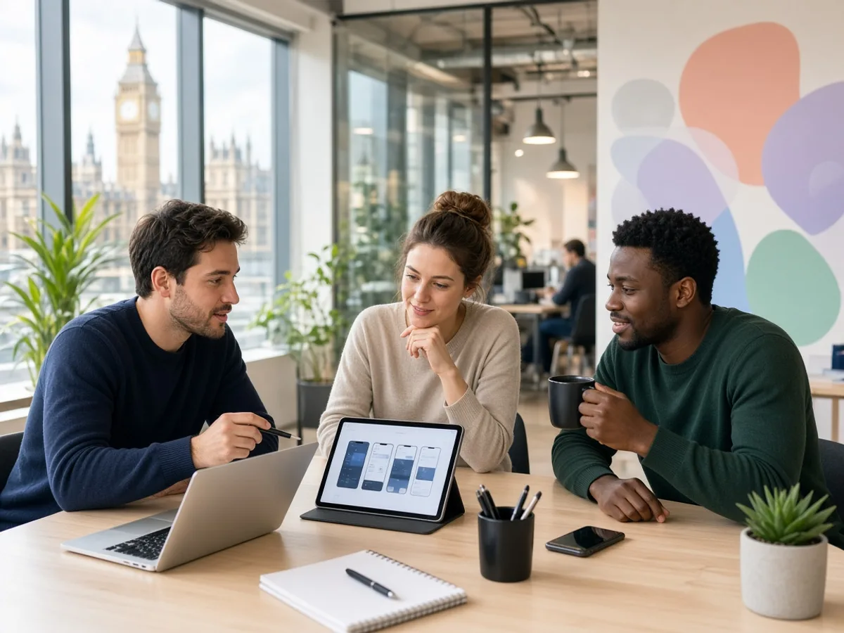 UK startup founders discussing an iOS application project in London