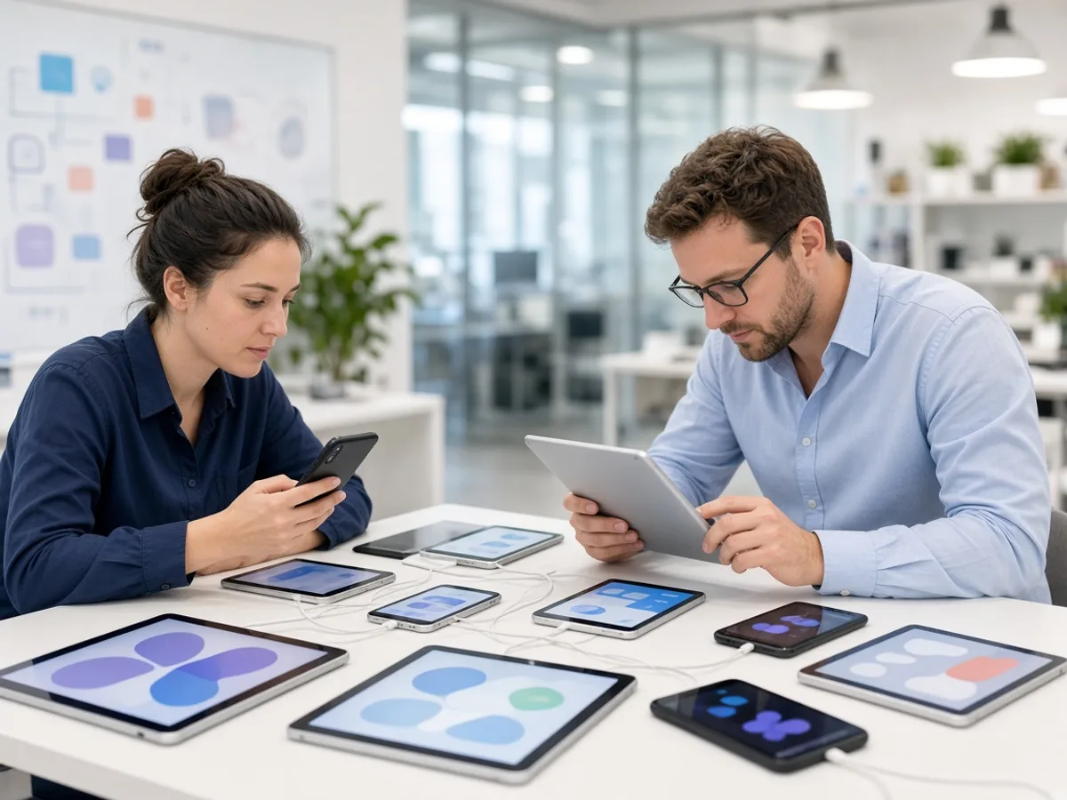 UK QA engineers testing an iOS application across multiple Apple devices