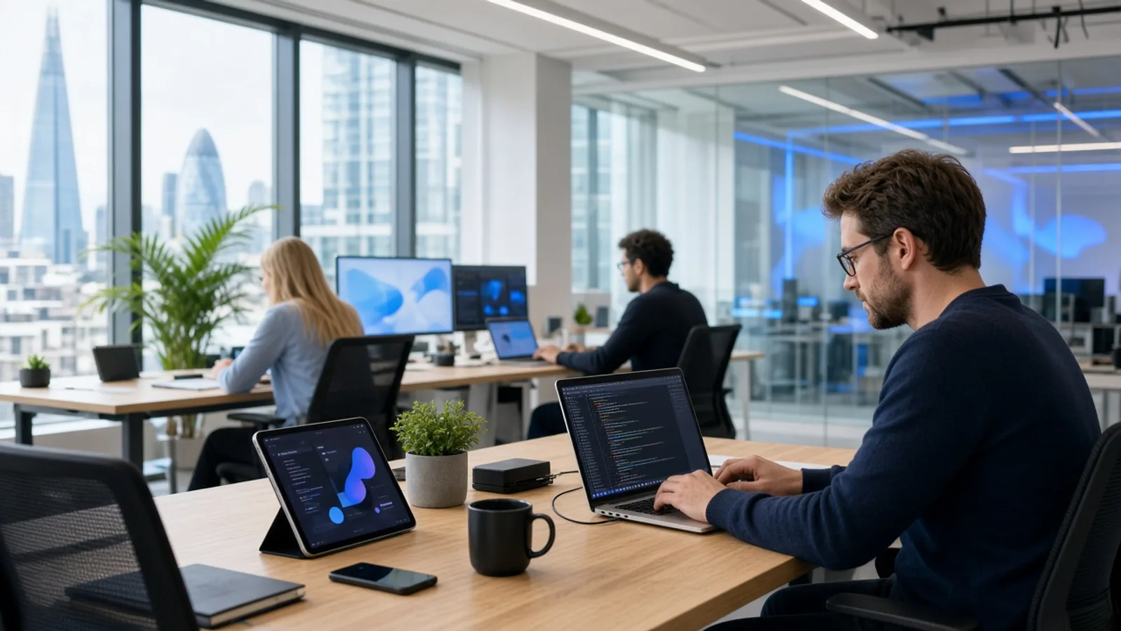 UK iOS development team working on a custom iPhone and iPad application in a modern London technology office