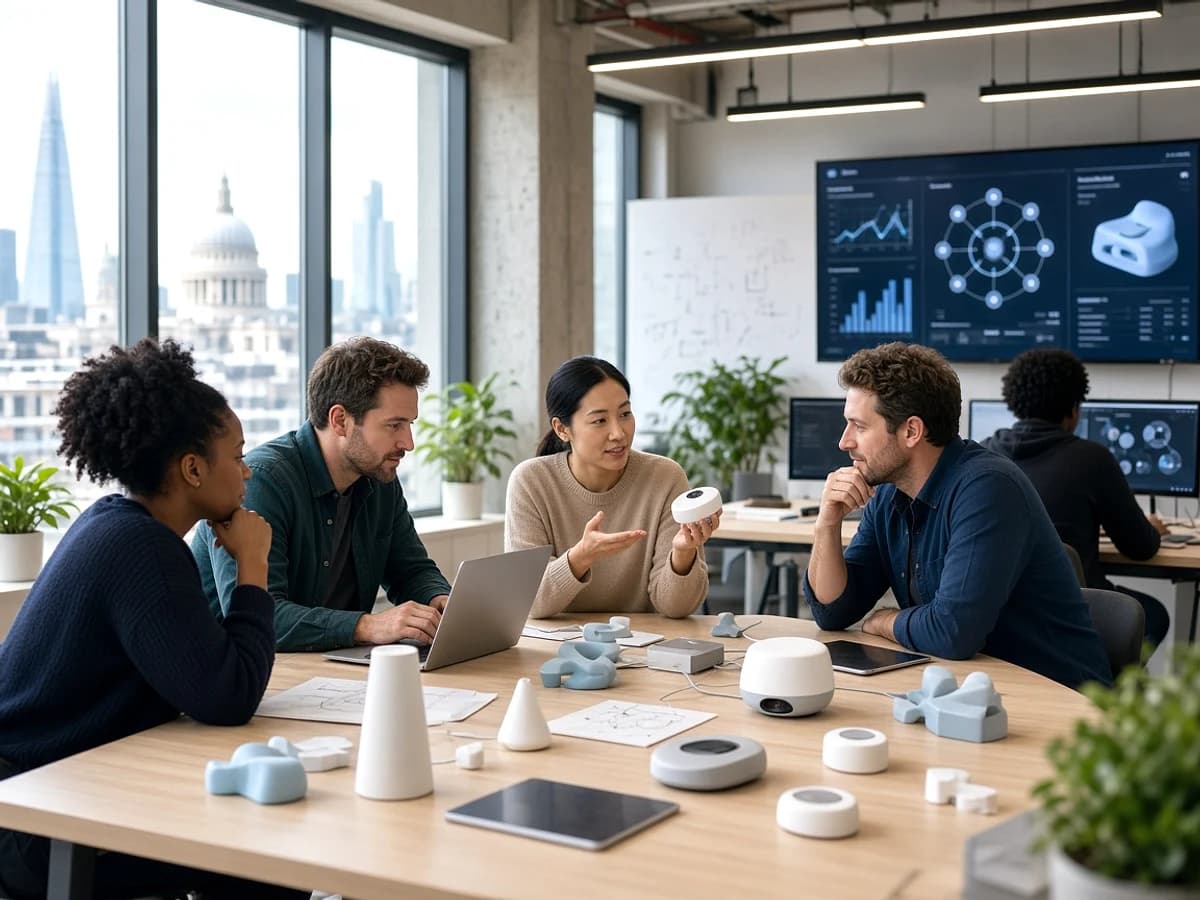 Connected product team developing an IoT application in a modern London technology office