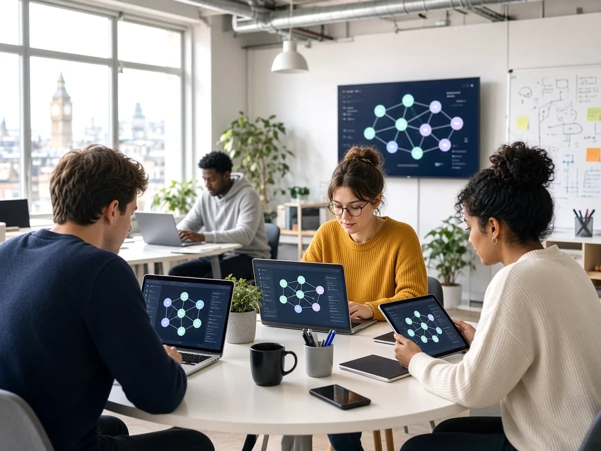 UK startup team developing an IoT application in a London technology workspace