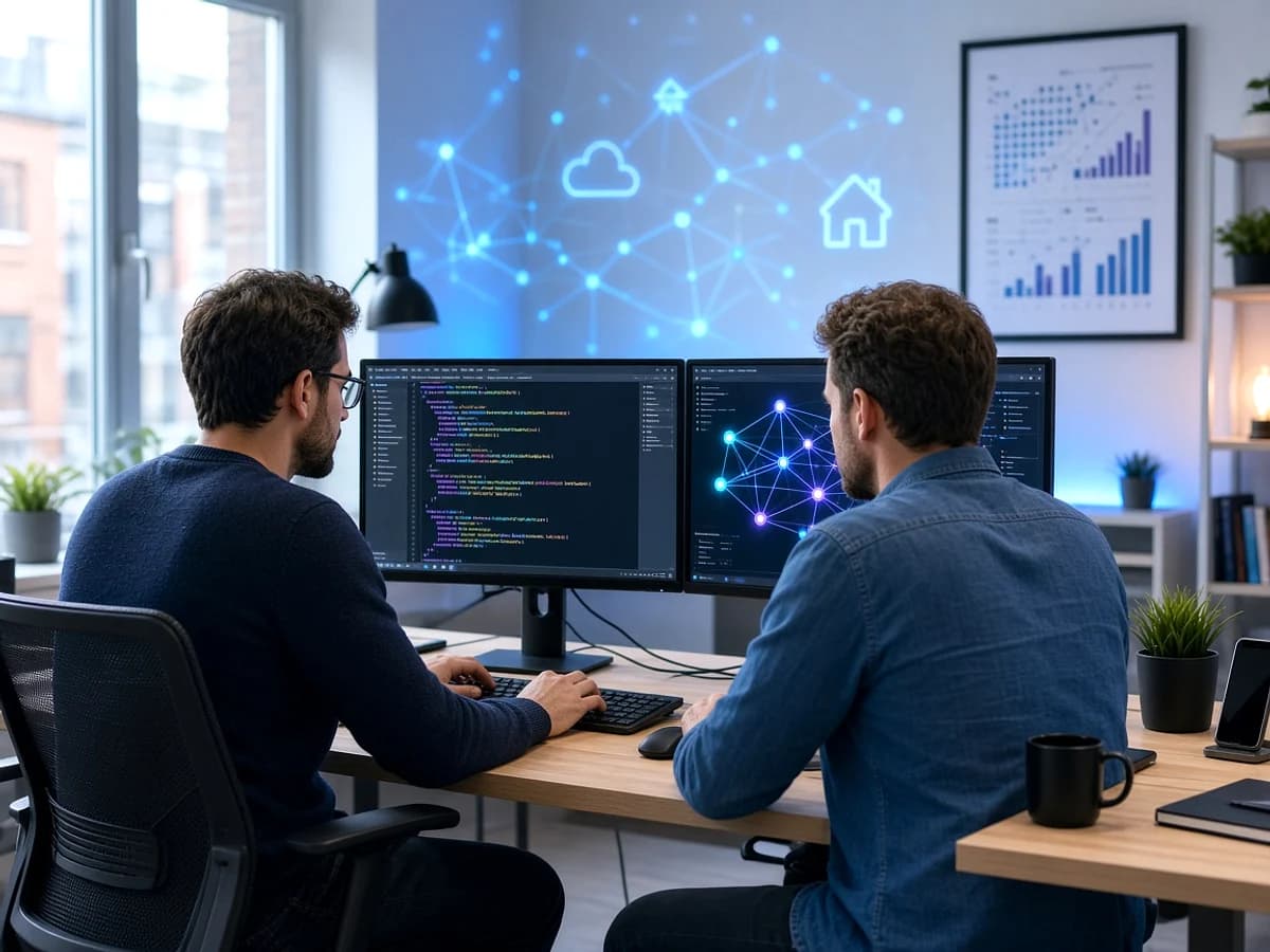 IoT developers building a connected application in a UK technology workspace