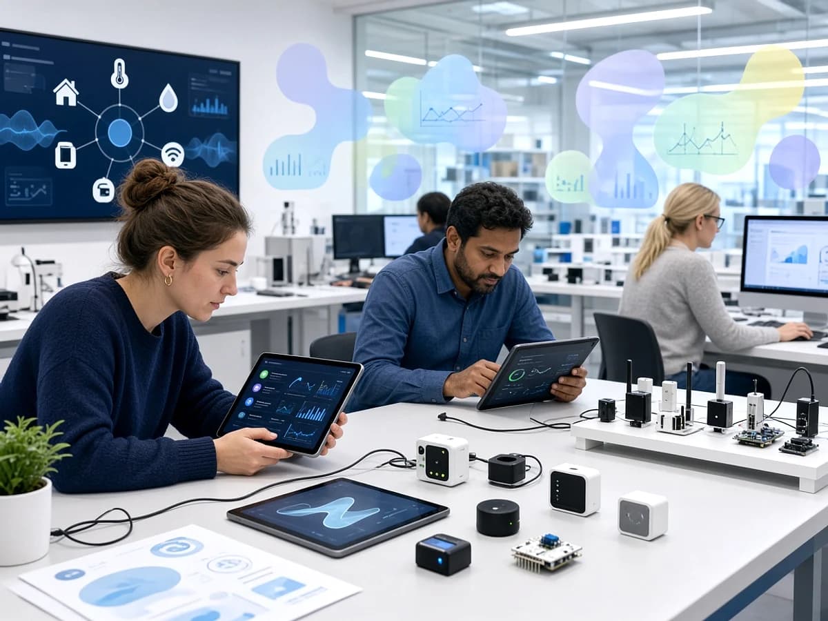 QA team testing an IoT application and connected devices