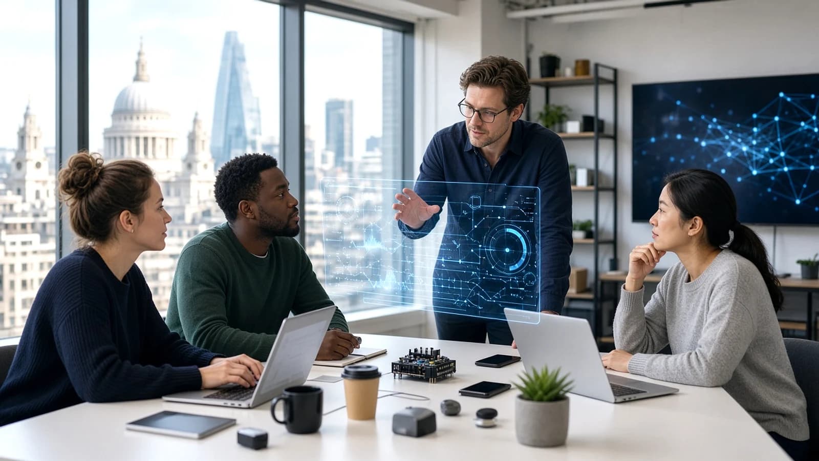 UK IoT development team discussing a connected application project in a modern London office