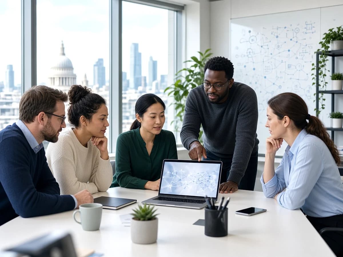 UK business and IoT development team discussing a connected technology solution in London