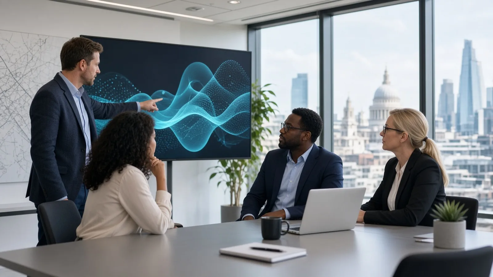 UK IT consultants reviewing a technology strategy and transformation roadmap in a modern London office