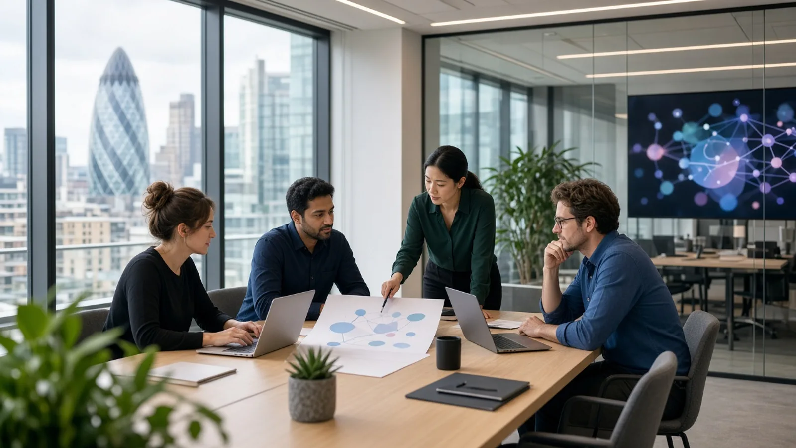 UK IT consulting team working on a technology transformation strategy in a modern London office