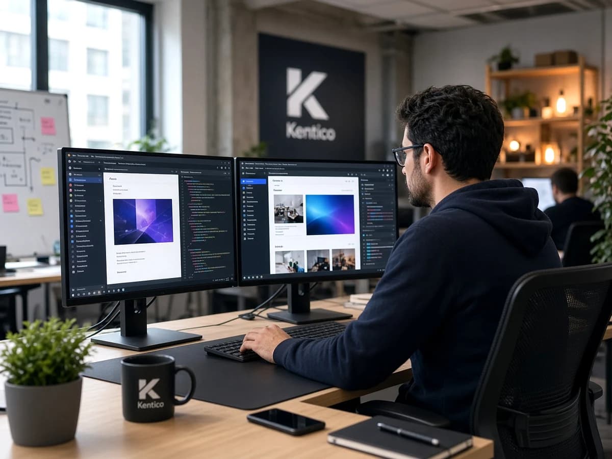 Kentico developers building a CMS website in a UK technology workspace