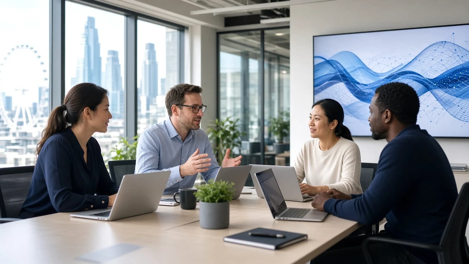 UK Kentico development team discussing a CMS project in a modern London office