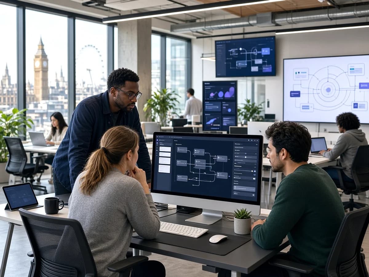 Digital product team developing a low code application in a modern London technology office