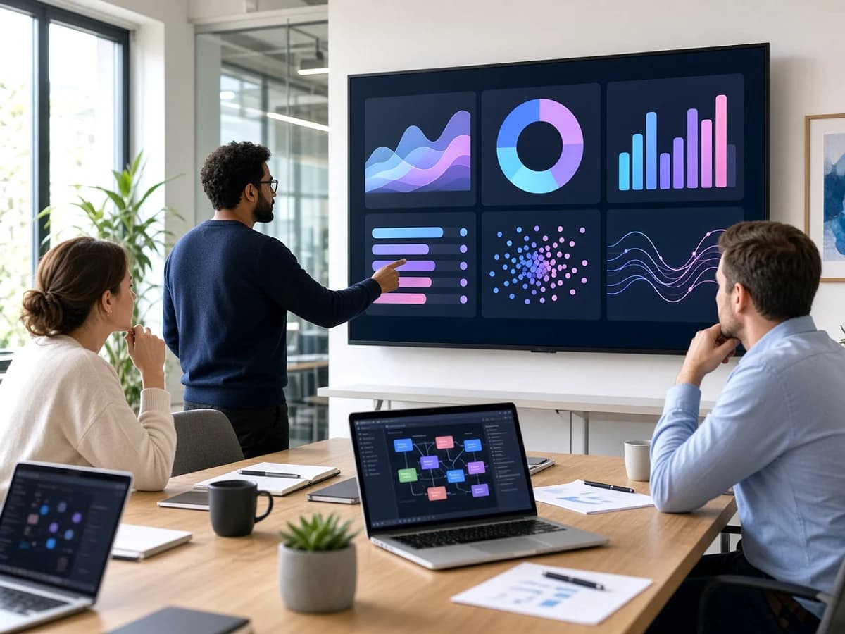 Enterprise technology team reviewing a low code application in a UK office