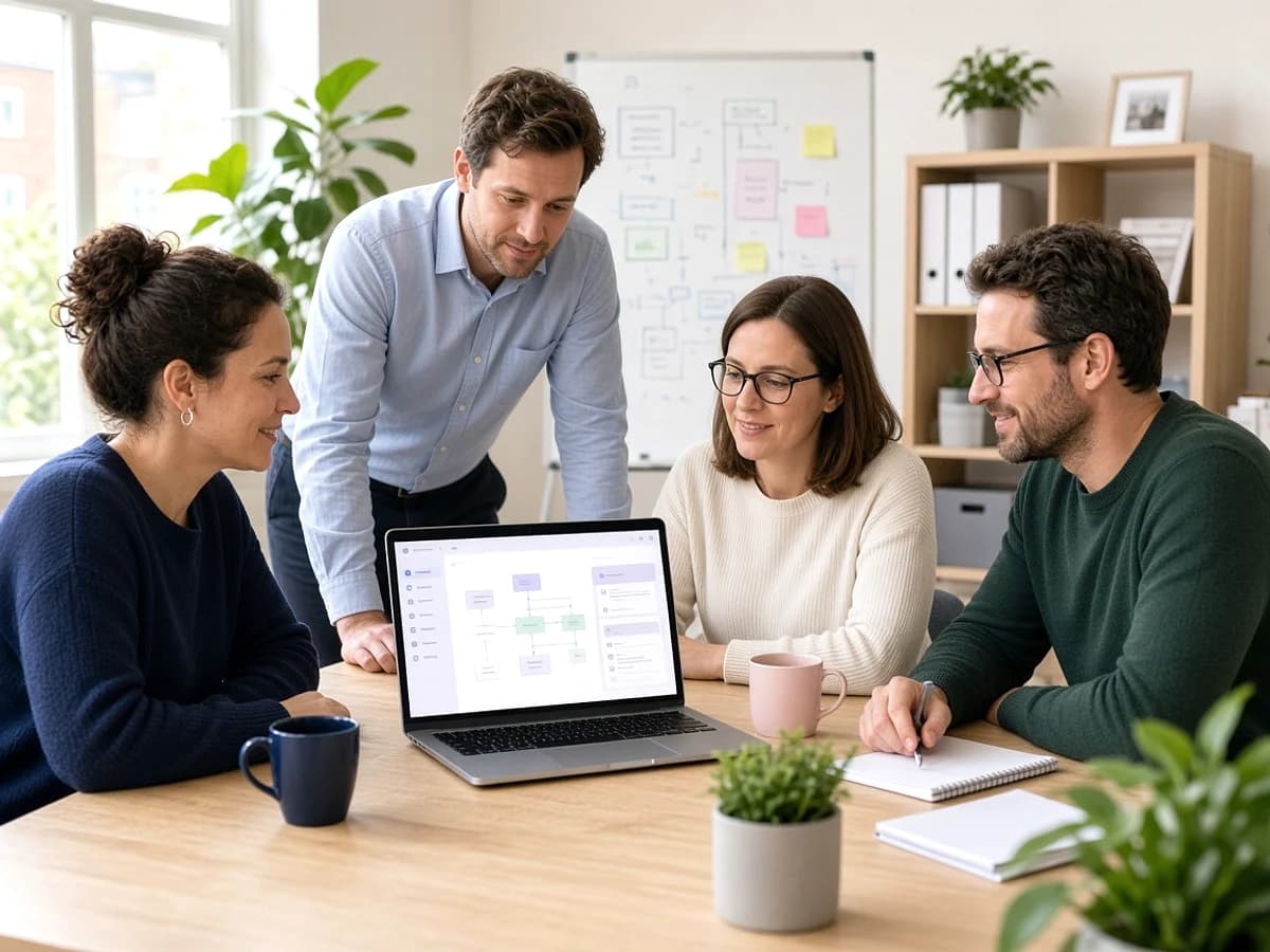 Small UK business team reviewing a low code business application
