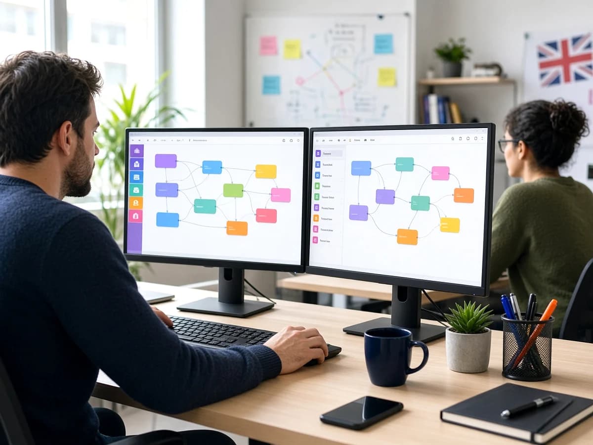 Low code developers building a business application in a UK technology workspace