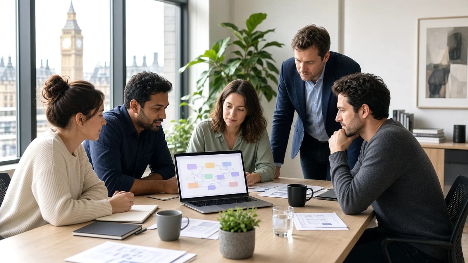 UK development team planning a low code application project in a modern London office