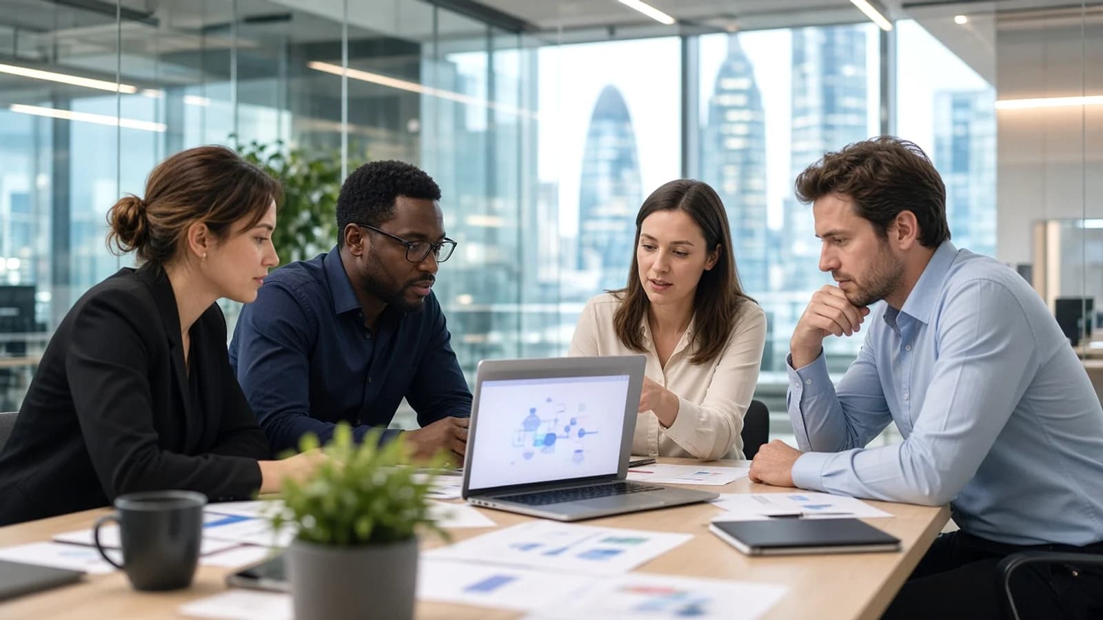 Low code developers discussing an application project in a modern London office